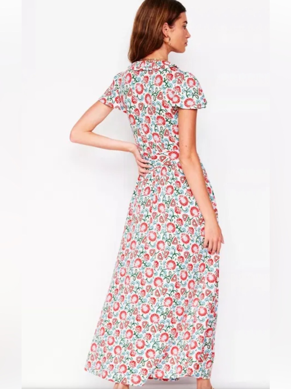 Boden Nicola Jersey Tea Dress Ivory Floral Garden Vine Ruffle Midi Sz 16-18L NEW - Picture 3 of 10